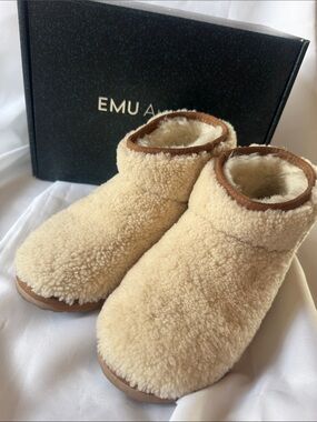 Emu Cream Shearling Ankle Booties with Tan Trim